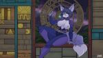 anthro black_nose blue_body blue_fur blue_hair bodysuit breasts canid canine clothed clothed_anthro clothed_female clothing exposed_breasts female fox fox_mccloud fur hair hi_res krystal_(star_fox) mammal night nintendo nipples sitting skinsuit solo star_fox tail tight_clothing yawg