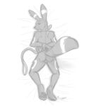 2026 ambiguous_gender anthro bed_sheet bedding bound claws digital_drawing_(artwork) digital_media_(artwork) eeveelution generation_2_pokemon hands_behind_back hi_res high-angle_view kerchief leash looking_at_viewer lying monochrome neckerchief neckwear nicnak044 nintendo on_front pawpads pointy_ears pokemon pokemon_(species) prick_ears raised_tail signature sketch solo tail umbreon