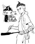  1boy alternate_costume animal_on_shoulder apron bandaged_arm bandaged_hand bandages birthday birthday_cake cake candle casual chibi coat collared_coat commentary_request cookie cropped_legs cropped_torso danganronpa_(series) danganronpa_2:_goodbye_despair dated earrings expressionless eyeshadow fire food forehead gakuran greyscale hamster high_collar holding holding_plate jewelry korean_commentary korean_text long_sleeves makeup male_focus mini_party_hat monochrome multicolored_hair multiple_views no_mouth open_clothes open_coat plate saman_zero7 scar scar_across_eye scar_on_face scarf school_uniform shirt short_hair short_shorts short_sleeves shorts sideburns simple_background sketch sphere_earrings streaked_hair striped_hat t-shirt tanaka_gundham translation_request white_background 