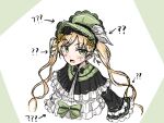  1girl ? black_bow black_bowtie black_capelet black_flower black_rose blonde_hair bonnet bow bow_flower bowtie capelet commentary_request dress flower frilled_capelet frilled_dress frilled_sleeves frills furrowed_brow green_bonnet green_eyes hair_flower hair_ornament highres kairi_krsr108 lolita_fashion long_hair long_sleeves mahou_shoujo_no_majo_saiban open_mouth pointing_out_the_details rose simple_background solo tono_hanna twintails upper_body v-shaped_eyebrows white_background wide_sleeves winged_hat yellow_flower yellow_rose 