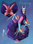 6_legs alien ambiguous_gender aquatic arthropod blue_background blue_eyes body_pattern claws crustacean dark_body exoskeleton eyelashes female fingering fingering_self full-length_portrait genital_shot genitals hi_res horn looking_pleasured mask masturbation monster multicolored_body neon not_furry open_mouth paionizing pink_sclera portrait purple_body shrimp simple_background solo taur teeth teratophilia unknown_species unusual_anatomy unusual_genitalia vulva vulva_shot wearing_mask whiskers
