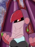  1girl armor breasts cleavage cleavage_cutout clothing_cutout commentary_request eiseionna67 em_wave_change_(mega_man) glowing glowing_eyes helmet looking_at_viewer luna_platz_(mega_man) mega_man_(series) mega_man_star_force_(series) mouth_veil purple_armor purple_helmet queen_ophiuca_(mega_man) red_eyes shoulder_armor veil 