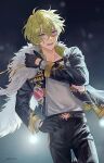  1boy belt black_belt black_gloves black_pants cowboy_shot curtained_hair ensemble_stars! gloves green_hair hair_between_eyes hand_on_own_hip hand_up headset heart highres jabe0000 jacket layered_clothes layered_sleeves long_sleeves male_focus open_clothes open_jacket open_mouth pants purple_eyes short_hair solo sweat teeth tomoe_hiyori twitter_username upper_teeth_only 