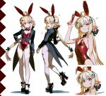  1girl absurdres black_bow blonde_hair bow bowtie breasts cocktail_glass cup drinking_glass fang hair_ornament hepari highres long_hair looking_back low_ponytail one_eye_closed original playboy_bunny pointy_ears ponytail red_bow red_bowtie reference_sheet small_breasts tailcoat vampire 