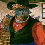 1:1 2026 ambiguous_gender ankylosaurian anthro back_spikes barn beak bedding black_clothing black_topwear black_vest blanket blue_body blue_skin brown_eyes bust_portrait button_(fastener) claws clothed clothing digital_media_(artwork) digital_painting_(artwork) dinosaur dyna_soar expressionism hat headgear headscarf headwear hi_res horn inside jacket looking_at_viewer ornithischian painting_(artwork) pattern_kerchief period_costume portrait prehistoric_species purple_sash red_clothing red_jacket red_topwear reptile sash scalie signature solo sombrero spain spikes spikes_(anatomy) thyreophoran topwear vest white_shirt_collar window