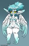 arms_at_sides blue_hair blue_highlights breasts clothing cloud_goblin erin_(nickzilla) fangs fantasy_creature feathered_humanoid feathered_wings feathers feet female goblin hair hi_res highlights_(coloring) humanoid looking_at_viewer markings pointy_ears small_breasts smile smiling_at_viewer smirk smirking_at_viewer solo spots spotted_body swimwear talons teeth thick_thighs toes twistingtoxic white_body white_feathers wings yellow_eyes