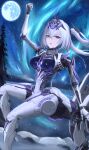 1girl absurdres arm_up aurora breasts centaur commentary_request covered_navel cyborg forehead_protector full_moon grey_hair hair_between_eyes hair_intakes hair_ornament headgear highres joints large_breasts long_hair looking_at_viewer mecha_musume mechabare mechanical_arms mechanical_legs mechanical_spine moon multiple_legs night outdoors parted_lips punishing:_gray_raven purple_eyes rearing robot_joints rosetta:_arete_(pgr) rosetta_(pgr) see-through_body sidelocks solo standing taur teeth twintails upper_teeth_only yuzu_(yuzexit565) 