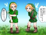  2boys aqua_eyes arms_behind_back belt blonde_hair blush boots brown_belt brown_boots child clothes_tug commentary_request dual_persona fairy fold-over_boots grass green_hat hand_on_own_arm hat highres link looking_at_another male_focus multiple_boys navi shoulder_belt speech_bubble standing the_legend_of_zelda the_legend_of_zelda:_ocarina_of_time the_legend_of_zelda:_ocarina_of_time_(remake) translation_request walking wasabi_(legemd) young_link 