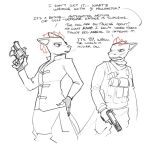 anthro chest_rig clothed clothing dialogue duo english_text female fingerless_gloves gloves gun hair hand_on_hip handgun handwear hi_res holding_gun holding_handgun holding_object holding_pistol holding_ranged_weapon holding_revolver holding_weapon inheritor lizard looking_at_another male pistol project_silverfish ranged_weapon reptile revolver scalie simple_background skalamari sketch standing text the_artificer_(project_silverfish) the_wanderer_(project_silverfish) weapon white_background