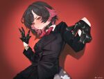  1girl absurdres alternate_costume belt_collar black_gloves black_hair black_pants black_shirt black_suit blush bow bowtie breasts closed_mouth collar colored_inner_hair commentary_request ellen_joe fins fish_tail gloves highres i_shamx looking_at_another looking_at_viewer multicolored_hair pants reaching reaching_towards_viewer red_background red_bow red_bowtie red_eyes red_hair shark_girl shark_tail shirt short_hair simple_background solo suit tail two-tone_hair upper_body zenless_zone_zero 