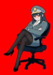  1girl absurdres bandaid bandaid_on_cheek bandaid_on_face black_hair black_shoes black_thighhighs breasts bright_pupils buttons chair crossed_arms crossed_legs epaulettes hat highres hitorikanawo large_breasts long_hair looking_at_viewer military_hat military_uniform office_chair pantyhose pocket red_background red_eyes shaded_face shirt shoes simple_background sitting solo swivel_chair synthesizer_v teeth thighhighs white_pupils white_shirt yi_xi_(synthesizer_v) 