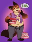 accessory anthro belly belt bottomwear brown_body brown_fur canid canine clothing collared_shirt dessert disney doughnut eating eating_doughnut eating_food english_description english_text food fox fur green_eyes grey_bottomwear grey_clothing grey_pants heart_symbol hi_res holding_food holding_object humanoid_hands looking_at_viewer male mammal navel necktie nick_wilde open_belt overweight overweight_anthro overweight_male pants pastry pattern_clothing pattern_underwear pink_tongue purple_clothing purple_shirt purple_topwear red_fox ryunwoofie shirt solo speech_bubble standing talking_to_viewer tan_body tan_fur text thick_thighs tongue topwear torn_clothing torn_shirt torn_topwear true_fox underwear zootopia