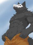 abs anthro black_body black_fur black_sclera bone bone_mask bottomwear canid canine changed_(video_game) clothing fur hi_res male mammal mask muscular muscular_male puro_(changed) raimuoekaki skull skull_mask solo