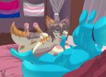 absurd_res anthro bed bedroom_eyes big_breasts blackstarv breast_play breasts calico_cat domestic_cat dominant dominant_female duo fan_character felid feline felis female furniture genitals goo_creature hi_res legs_up licking male male/female mammal masturbation narrowed_eyes oral penile penis penis_between_breasts penis_lick pride_color_flag seductive sex slime spread_legs spreading titfuck tongue