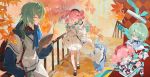  1boy 1girl absurdres anaxa_(honkai:_star_rail) anaxa_(white_rabbit)_(honkai:_star_rail) aqua_eyes aqua_hair black_shoes bow chibi chinese_commentary closed_eyes commentary_request drill_hair footwear_bow full_body ginkgo_leaf gradient_hair hat highres honkai:_star_rail honkai_(series) hyacine_(honkai:_star_rail) hyacine_(white_rabbit)_(honkai:_star_rail) incredibly_absurdres jacket kneehighs leaf little_ica_(honkai:_star_rail) long_sleeves multicolored_hair official_alternate_costume open_clothes open_jacket open_mouth outdoors pink_hair red_bow red_hat shoes skirt smile socks standing twin_drills twintails two-tone_hair white_jacket white_skirt white_socks ye_xing_caomei 