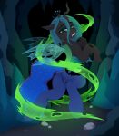 arthropod blue_body blue_hair blue_tail blue_wings butt cave changeling_(mlp) changeling_queen clitoris clothing coat crown darkened_genitalia detailed_background digital_media_(artwork) disguise disguised_changeling equid equine eyebrow_through_hair eyebrows fangs female floppy_ears friendship_is_magic full-length_portrait genitals green_body green_eyes green_magic grey_body hair hasbro headgear hi_res hooves horn horse insect looking_back magic makeup mammal my_little_pony mythological_creature mythological_equine mythology nude pony portrait princess_luna_(mlp) quadruped queen_chrysalis_(mlp) raised_tail rear_view regalia side_view skandikuwu smile solo spread_legs spread_wings spreading tail teeth topwear transformation translucent translucent_hair underhoof vulva winged_unicorn wings