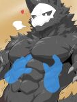 abs anthro black_body black_fur black_sclera bone bone_mask canid canine changed_(video_game) fur heart_symbol hi_res male mammal mask muscular muscular_male puro_(changed) raimuoekaki skull skull_mask solo