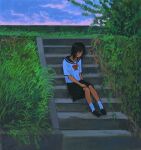  1girl black_hair black_sailor_collar black_skirt bow bowtie closed_eyes cloud commentary grass highres medium_hair original outdoors plant pleated_skirt realyangtuo red_bow red_bowtie sailor_collar school_uniform serafuku shirt shoes short_sleeves sitting sitting_on_stairs skirt sky slice_of_life socks solo stairs white_shirt white_socks wide_shot 