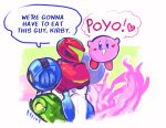  1girl arm_cannon armor artist_name blue_eyes blush_stickers commentary company_connection crossover english_commentary english_text glowing_arm green_assault_visor heart highres i_think_we're_gonna_have_to_kill_this_guy_steven_(meme) kirby kirby_(series) meme metroid metroid_ravenous normal_suit_(metroid) power_armor power_suit_(metroid) pypixy samus_aran speech_bubble spoken_heart trait_connection weapon 