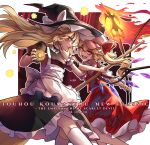  2girls a-xii apron black_dress black_hat blonde_hair bow broom collared_shirt commentary_request crystal crystal_wings dated dress duel embodiment_of_scarlet_devil eye_contact fire flaming_weapon flandre_scarlet frilled_shirt_collar frilled_wrist_cuffs frills hat hat_bow highres holding holding_broom holding_weapon kirisame_marisa kneehighs laevatein_(touhou) long_hair looking_at_another mini-hakkero mob_cap multicolored_wings multiple_girls official_alternate_costume one_side_up open_mouth pointy_ears puffy_short_sleeves puffy_sleeves red_bow red_eyes red_skirt red_vest red_wrist_cuffs sharp_teeth shirt short_sleeves skirt skirt_set smile socks teeth touhou vest weapon white_apron white_bow white_hat white_shirt white_socks wings witch_hat wrist_cuffs yellow_eyes 