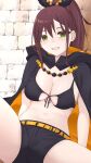  1girl :d absurdres belt bikini bikini_top_only black_bikini black_cape black_ribbon black_shorts blush breasts brick_wall brown_hair cape cleavage commentary extra_pupils front-tie_bikini_top front-tie_top green_eyes hair_between_eyes hair_ribbon high_ponytail highres hood hood_down hooded_cape kanadeho large_breasts long_hair looking_at_viewer navel open_mouth orange_belt orange_cape ponytail re:zero_kara_hajimeru_isekai_seikatsu ribbon shaula_(re:zero) short_shorts shorts sidelocks sitting smile solo spread_legs stomach swimsuit two-tone_cape 