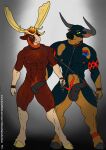 2022 anthro balls beard big_horn black_body black_fur blue_eyes body_hair bovid bovine brown_body brown_fur canid canine canis cattle chain collar colored dated deer dobermann domestic_dog duo erection facial_hair fur genitals gradient_background hair happy_trail hi_res holding_leash holding_object hooves horn hybrid leash leashed_collar male male/male mammal moose moose_antlers muscular muscular_male new_world_deer nude orange_beard orange_facial_hair orange_hair orange_pubes penis pinscher pubes simple_background smile standing tan_body tan_fur tattoo text url whitecolt_productions yellow_eyes