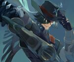  1boy absurdres black_gloves black_hair black_hat black_jacket boothill_(honkai:_star_rail) commentary_request cowboy_hat cyborg floating_hair gangsta_hold gloves grey_eyes gun hair_over_one_eye hat hat_feather hat_tip highres holding holding_gun holding_weapon honkai:_star_rail honkai_(series) jacket long_hair long_sleeves male_focus mrsw0911 open_mouth sharp_teeth simple_background sleeve_cuffs solo teeth very_long_hair weapon white_hair 