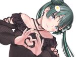  1girl bare_shoulders black_choker black_shirt blue_eyes braid braided_base breasts bun_with_braided_base choker cleavage cleavage_cutout clothing_cutout commentary_request criss-cross_halter double_bun earrings egg_hair_ornament food-themed_hair_ornament green_hair hair_bun hair_ornament halterneck head_tilt heart heart_choker heart_cutout heart_hands heart_o-ring highres jewelry looking_at_viewer mole mole_under_eye multicolored_hair o-ring o-ring_choker off-shoulder_shirt off_shoulder palette_project shirt small_breasts smile solo streaked_hair tokiwa_kaname tongue twintails upper_body yug_(ekaki) 