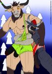 2022 abs anthro ball_slip balls big_penis black_nipples black_penis bovid bovine brevin_(whitecolt_productions) brown_body brown_fur brown_hair cattle clenched_teeth clothing colored dated directional_arrow duo ear_piercing ear_tag erection eyes_closed fur genitals grabbing_from_behind gradient_background green_wrestling_singlet grey_body grey_fur hair hi_res horn huge_penis lifting lifting_another long_penis looking_at_viewer male male/male mammal muscular nipple_piercing nipple_ring nipples open_mouth orange_eyes pecs penis penis_poking_out piercing red_hair red_wrestling_singlet ring_piercing simple_background straining surprised tan_body tan_fur teeth text torn_clothing torn_wrestling_singlet url whitecolt_productions wrestler wrestling_singlet