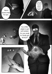 accessory anthro asking asking_another bodily_fluids bones_dio cape clothing collared_shirt comic crouching dialogue dress_shirt duo ellipsis english_text faceless faceless_character faceless_human faceless_male gallade generation_4_pokemon glowing greyscale hand_in_pocket head_crest hi_res holding_arm human humanoid male mammal manga_style mega_stone monochrome necktie nintendo offering_hand offering_to_another pockets pokemon pokemon_(species) reaching_for_object scarf shirt sir_gallade speech_bubble suit suit_jacket sweat symbolism text topwear wounded