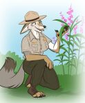 2026 4_toes 5_fingers anthro boots border canid canine canis claws clothing colored coyote digital_drawing_(artwork) digital_media_(artwork) feet female fingers footwear fur grass hat headgear headwear inner_ear_fluff mammal manzanita_(moonshinefalling) nicnak044 outside park_ranger pawpads plant pointy_ears shoes signature sky solo tan_body tan_fur teeth toeless_boots toeless_footwear toes tuft uniform watermark white_border yellow_eyes