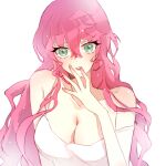  1girl bare_arms bare_shoulders breasts camisole cleavage collar commentary crossed_bangs double-parted_bangs finger_to_mouth green_eyes hair_between_eyes korean_commentary large_breasts long_hair looking_at_viewer maria_cadenzavna_eve parted_lips pink_hair pink_lips senki_zesshou_symphogear sidelocks simple_background solo strap_slip sy_(0103029) tsurime upper_body v-shaped_eyebrows wavy_hair white_background white_camisole 