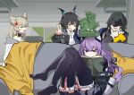  4girls :q anger_vein animal_ears arknights arknights:_endfield bird_ears bird_girl black_gloves black_thighhighs blonde_hair book chen_qianyu_(arknights) commentary couch dragon_girl dragon_horns eastern_dragon_horns endministrator_(arknights) english_commentary eri_(erikiri) female_endministrator_(arknights) gloves horns multiple_girls on_couch open_book perlica_(arknights) purple_eyes purple_hair reading sitting statue thighhighs tongue tongue_out typhoeus_(arknights) typhon_(arknights) 