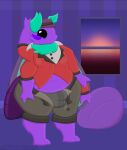 absurd_res anthro arthropod bean_bag blue_body blue_fur bulge button_(fastener) button_pop clothing formal_wear fur gesture hat headgear headwear heart_symbol hi_res insect inside lepidopteran looking_at_viewer male moth purple_body purple_fur purple_wings red_clothing red_suit solo standing suit sunset wardrobe_malfunction waving waving_at_viewer window wings zoyeensadart