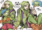  1boy alternate_costume backpack bag blue_eyes bodysuit character_name english_text green_bodysuit green_hoodie green_pants hat highres hood hood_up hoodie jojo_no_kimyou_na_bouken looking_at_viewer male_focus multiple_views naru_tomaki orange_shoes pants purple_bag red_shorts shoes shorts simple_background sitting solo_focus stand_(jojo) standing the_jojolands the_matte_kudasai usagi_aloha'oe v watermark white_background 