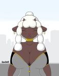 absurd_res accessory anthro anuvisur_(artist) armwear big_breasts blush bovid breasts brown_body caprine clothing collar ear_piercing eyes_closed female freckles fur generation_8_pokemon hi_res horn looking_at_viewer mammal mature_female nintendo outside piercing pigtails pink_nose pokemon pokemon_(species) sheep solo standing wool_(fur) wool_hair wooloo