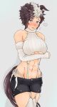  1girl abs absurdres alternate_costume animal_ears arm_under_breasts bare_shoulders black_shorts blush breasts brown_hair chronoval commentary_request cowboy_shot crop_top detached_sleeves ear_ornament earrings embarrassed flying_sweatdrops garter_straps grey_background grey_garter_straps grey_hair grey_sweater groin highres horse_ears horse_girl horse_tail jewelry large_breasts looking_at_viewer lowleg lowleg_shorts mejiro_ryan_(umamusume) multicolored_hair navel nose_blush parted_lips purple_eyes revealing_clothes ribbed_sleeves ribbed_thighhighs short_hair shorts simple_background sleeveless sleeveless_sweater sleeves_past_wrists solo spoken_blush stomach sweater tail thighhighs toned toned_female trembling two-tone_hair umamusume underboob virgin_destroyer_sweater 