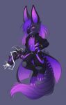 absurd_res akysha anthro belt big_ears black_body black_fur bottomwear canid canine claws clothing coat collar finger_claws fingerless_gloves fur gloves gradient_fur gradient_hair gradient_tail grey_background grin gun hair handwear hi_res holding_gun holding_object holding_ranged_weapon holding_weapon jacket knee_pads male male_anthro mammal multicolored_body multicolored_fur pants paws pink_body pink_fur pink_hair purple_body purple_fur purple_hair ranged_weapon simple_background smile solo teeth toe_claws topwear trenchcoat weapon