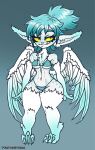 arms_at_sides bikini blue_hair blue_highlights breasts clothing cloud_goblin erin_(nickzilla) fangs fantasy_creature feathered_humanoid feathered_wings feathers feet female goblin hair hi_res highlights_(coloring) humanoid looking_at_viewer markings pointy_ears small_breasts smile smiling_at_viewer smirk smirking_at_viewer solo spots spotted_body swimwear talons teal_clothing teeth thick_thighs toes twistingtoxic two-piece_swimsuit white_body white_feathers wings yellow_eyes