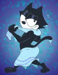 abstract_background alternate_version_at_paywall anthro arched_back black_body black_fur black_nose digital_drawing_(artwork) digital_media_(artwork) domestic_cat dripping felid feline felis felix_the_cat felix_the_cat_(series) fur gavanzude half-closed_eyes hi_res looking_back male mammal markings narrowed_eyes signature smug solo towel towel_only walking_away wet white_markings