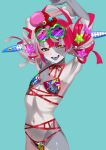  1girl absurdres ahoge bardanv3 bikini colored_skin colored_tongue double_bun flat_chest green-framed_eyewear grey_skin hair_bun highres hololive hololive_dreams hololive_indonesia kureiji_ollie kureiji_ollie_(crazy_summer_dive) looking_at_viewer mismatched_pupils multicolored_hair patchwork_skin print_bikini purple_tongue red_eyes red_hair skindentation smile solo stitched_arm stitched_face stitched_leg stitched_torso stitches streaked_hair stuffed_animal stuffed_octopus stuffed_toy stuffed_toy_on_head swimsuit symbol-shaped_pupils virtual_youtuber x-shaped_pupils yellow_eyes zombie 