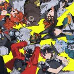  4boys 4girls animal_ears anton_ivanov bear_boy bear_ears ben_bigger billy_kid black_hair brown_fur closed_eyes commentary demon_girl demon_horns ellen_joe fins fish_tail fox_ears furry furry_male half-closed_eyes holding_cassette horns hoshimi_miyabi i1i1711 koleda_belobog multicolored_hair multiple_boys multiple_girls oni red_hair scar scar_across_eye scar_on_face shark_tail soukaku_(zenless_zone_zero) streaked_hair tail untranslatable_commentary von_lycaon white_fur white_hair wolf_boy wolf_ears yellow_background zenless_zone_zero 