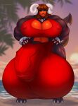 2026 2_horns anthro balls beach big_bulge biped black_body black_nose breasts brown_hair bulge canid canine claws clothing colored detailed_bulge digital_drawing_(artwork) digital_media_(artwork) generation_2_pokemon genital_outline genitals grin gynomorph gynomorph_anthro hair hi_res horn houndoom huge_bulge hyper hyper_bulge hyper_genitalia intersex intersex_anthro looking_at_viewer mammal markings muscular muscular_anthro muscular_gynomorph muscular_intersex nintendo nipple_outline orange_markings outside penis pokemon pokemon_(species) red_clothing red_eyes seaside shaded sherrabast smile solo standing sunset tail