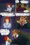 2:3 absurd_res age_difference anthro clothing collared_shirt comic dialogue dress_shirt duo english_text eyebrows felid female flirting green_eyes hair hi_res human human_on_anthro interspecies ironmeatus lion male male/female mammal older_male pantherine red_hair shirt size_difference suit text topwear workplace younger_female