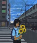  1girl backpack bag black_hair black_skirt blue_sky bob_cut brown_eyes building car cloud collared_shirt commentary crosswalk day flower highres holding holding_flower looking_at_viewer motor_vehicle original outdoors pleated_skirt power_lines realyangtuo road school_uniform shirt short_hair short_sleeves skirt sky slice_of_life solo street sunflower traffic_light utility_pole white_shirt yellow_flower 