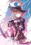  1girl arknights ascot black_dress black_hat blue_background bow_(weapon) brown_eyes brown_hair cavalier_hat chinese_commentary commentary_request cowboy_shot dress earrings flipped_hair gloves hat hat_feather highres holding holding_bow_(weapon) holding_weapon jewelry long_sleeves looking_at_viewer moleculesound official_alternate_costume persona persona_3 puffy_sleeves short_hair solo standing streamers takeba_yukari takeba_yukari_(in_vigil_of_dawn_and_dusk) weapon white_ascot white_gloves 