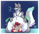 2021 anthro antlers awoogasm belly big_belly border canid canine canis claws clenched_teeth duo fangs front_view fur half-closed_eyes horn jewelry kneeling looking_at_viewer male mammal narrowed_eyes necklace obese obese_anthro obese_male open_mouth overweight overweight_anthro overweight_male raised_tail rumbling_stomach signature sitting sitting_on_another sloshing_belly smile smiling_at_viewer sound_effects tail teeth text tongue typoo vore vore_implied vox_(awoogasm) white_border wolf
