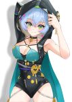  1girl absurdres animal_ears arms_up blue_hair blush braid breasts choker cleavage commentary_request goat_ears goat_girl goat_horns hair_between_eyes hand_up highres horns large_breasts long_hair looking_at_viewer lucia_elowen morimori_(pixiv_90218769) pointy_ears smile solo yellow_eyes zenless_zone_zero 