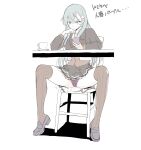 1girl black_jacket black_panties black_skirt blazer brown_cardigan brown_thighhighs cardigan cellphone chair commentary_request cup full_body green_eyes green_hair highres jacket kantai_collection long_hair panties pantyshot phone pleated_skirt saucer simple_background sitting skirt solo spread_legs suzuya_(kancolle) suzuya_kai_ni_(kancolle) table tada_(tactical_tada) teacup thighhighs translation_request underwear whistle whistle_around_neck 