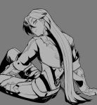  1boy absurdres arm_support belt boothill_(honkai:_star_rail) commentary_request cropped_jacket cyborg grey_background greyscale hair_over_one_eye highres honkai:_star_rail honkai_(series) jacket long_hair looking_back male_focus monochrome mrsw0911 multiple_belts one_eye_covered pants parted_lips simple_background sitting sleeve_cuffs solo star_(symbol) thigh_belt thigh_strap very_long_hair 
